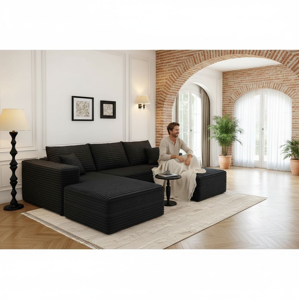 {color} upholstered {form-factor} sectional sofa with {material} finish, {style} modern design for living room — view 3b