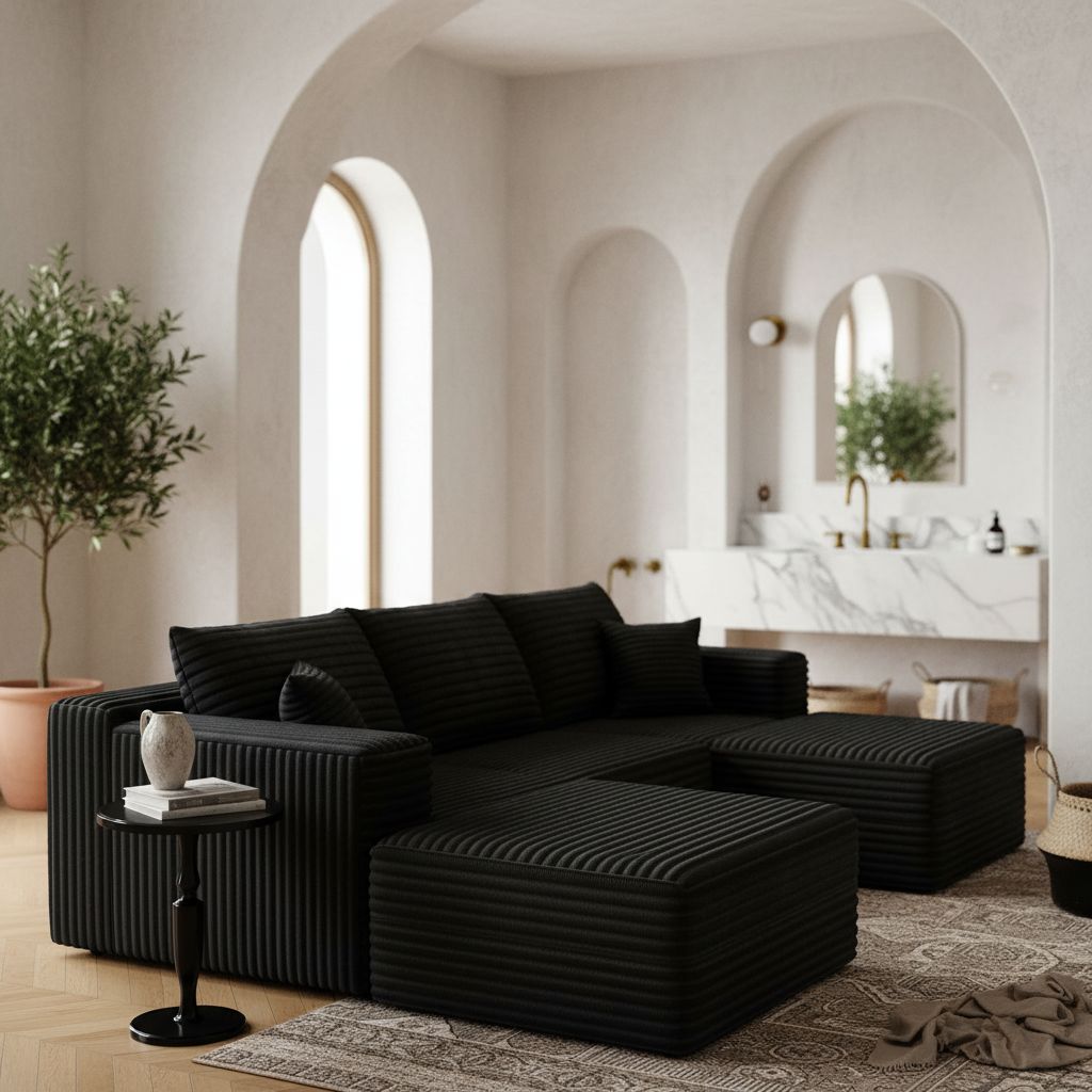 {color} upholstered {form-factor} sectional sofa with {material} finish, {style} modern design for living room — view 5b