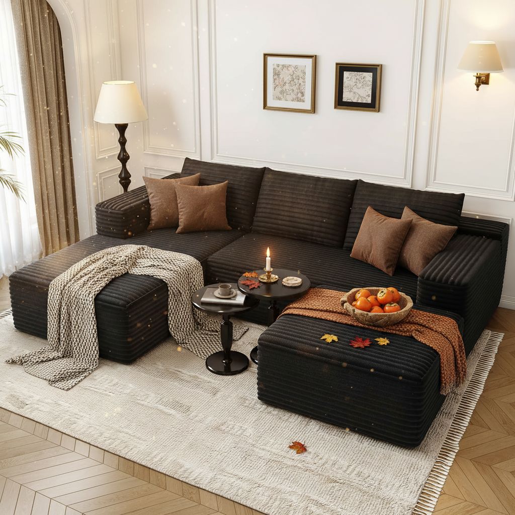 {color} upholstered {form-factor} sectional sofa with {material} finish, {style} modern design for living room — view 4