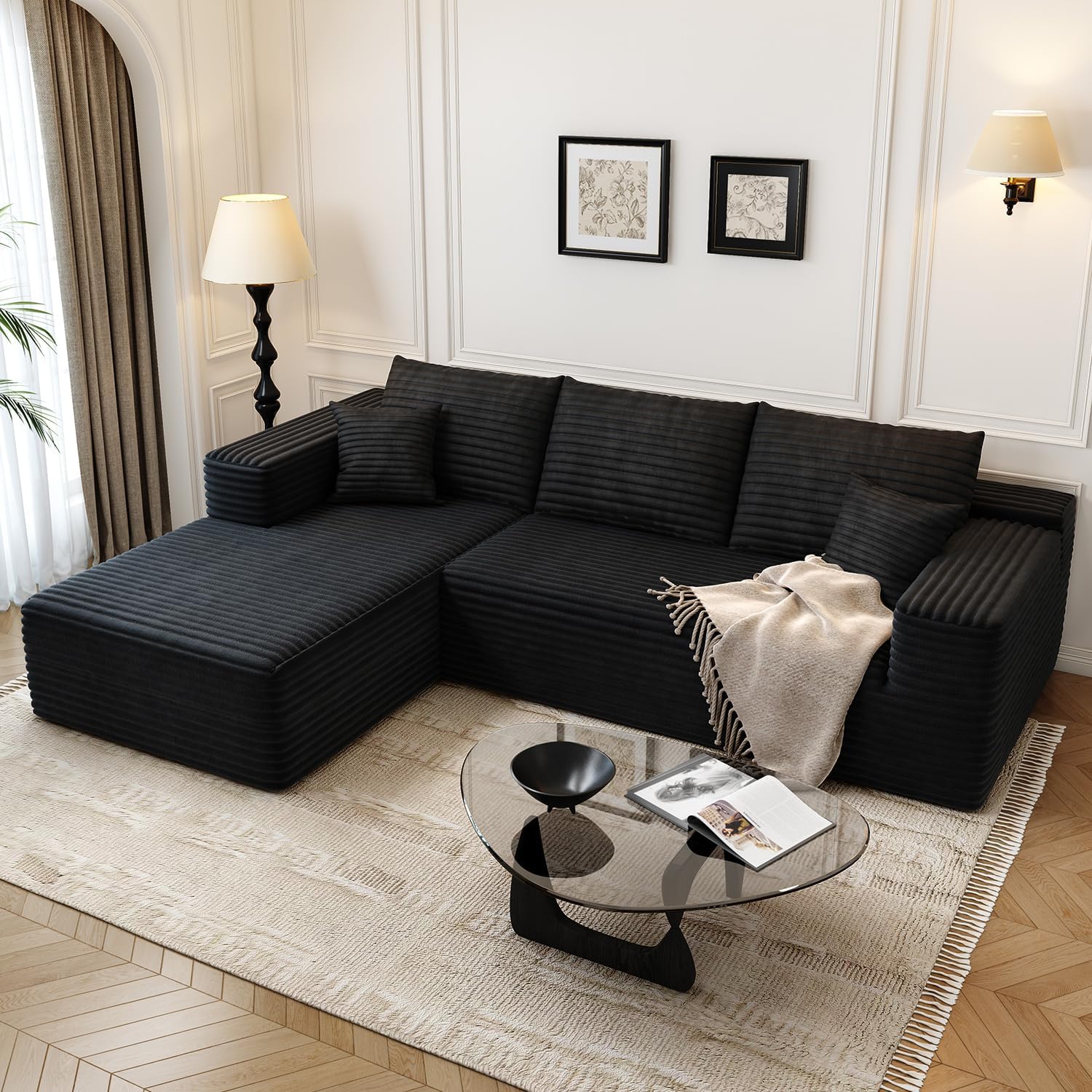 {color} upholstered {form-factor} sectional sofa with {material} finish, {style} modern design for living room — view 6