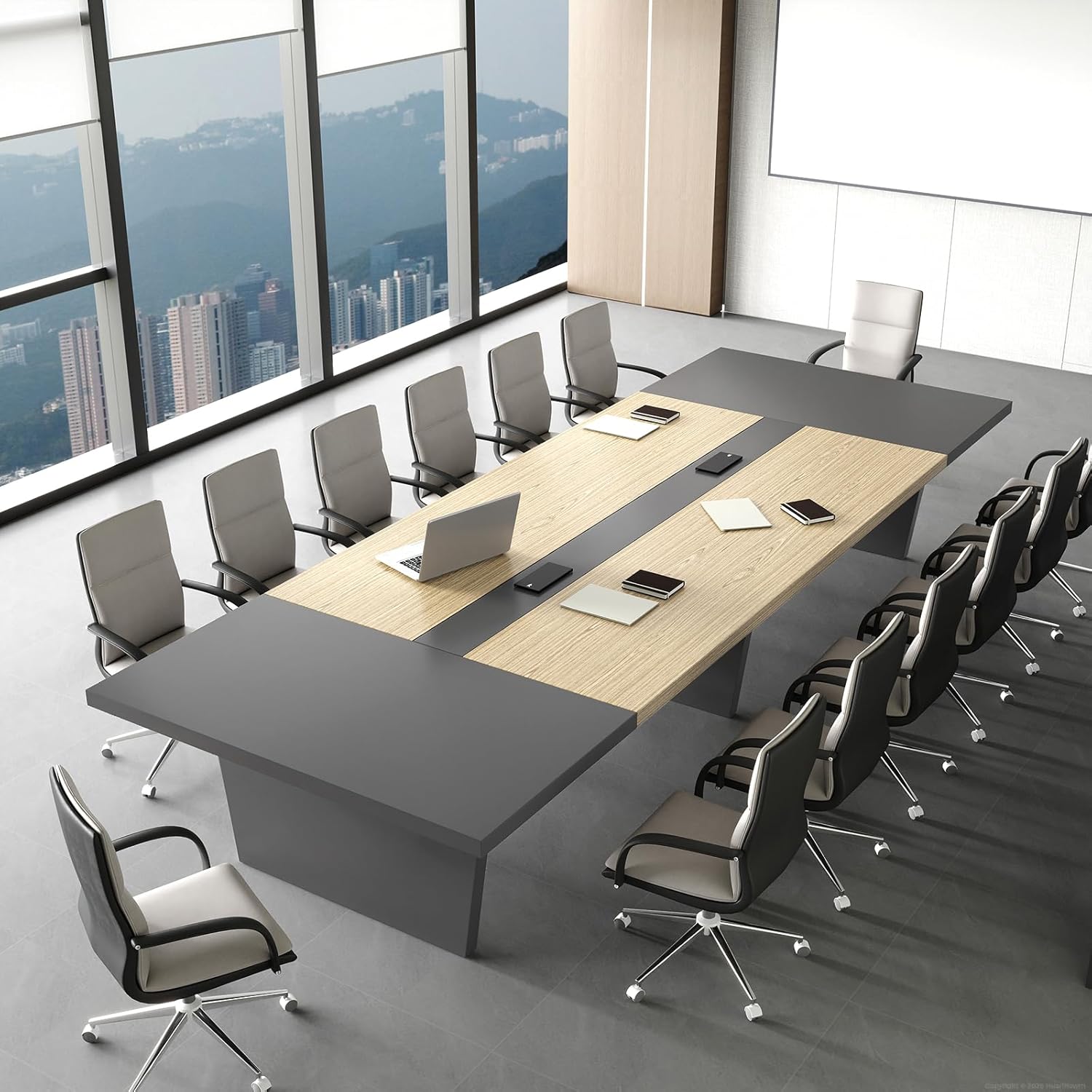 8ft rectangular conference table in oak and gray with thick tabletop and built-in power outlets for boardroom — view 1