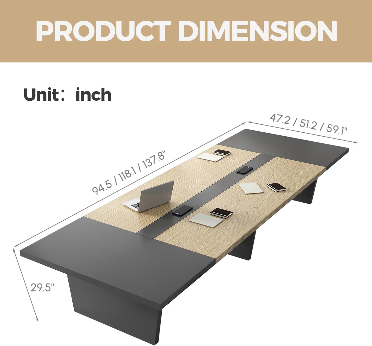 8ft rectangular conference table in oak and gray with thick tabletop and built-in power outlets for boardroom — view 2