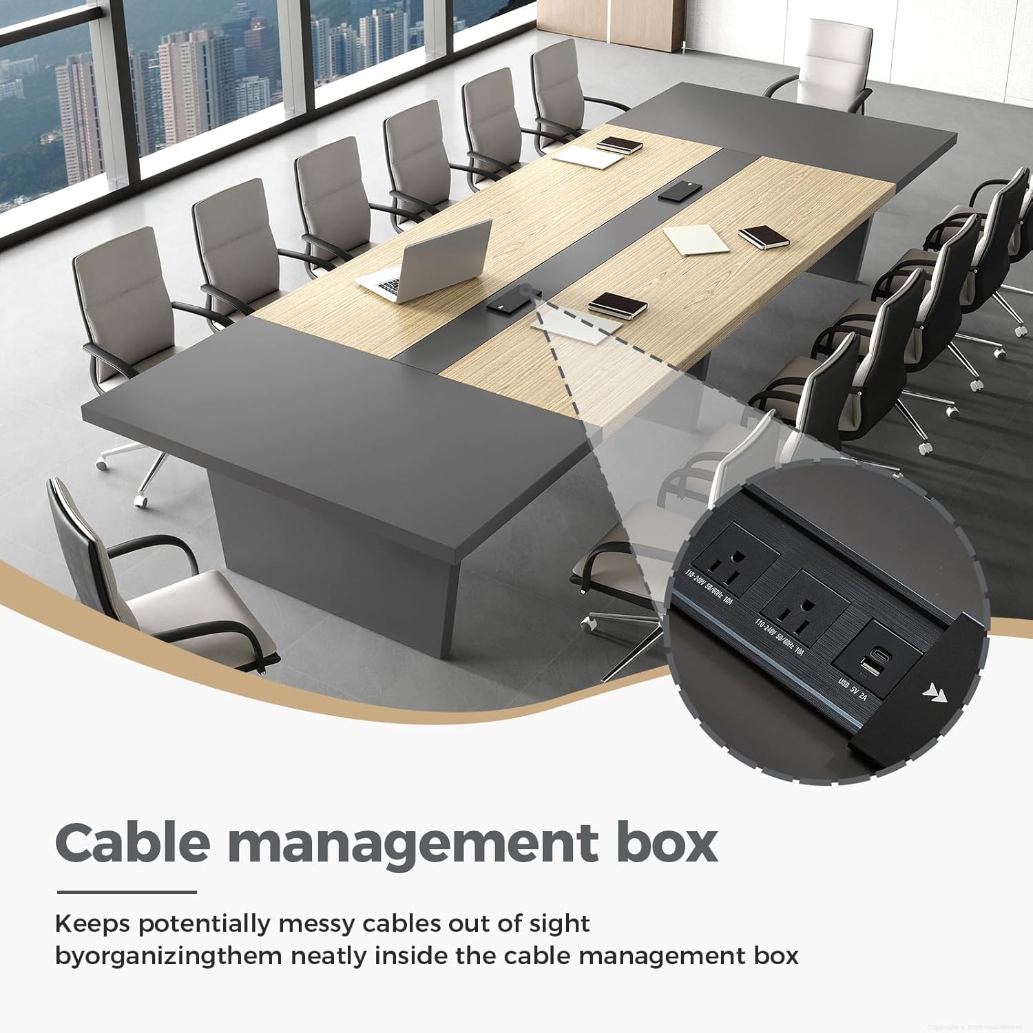 8ft rectangular conference table in oak and gray with thick tabletop and built-in power outlets for boardroom — view 2