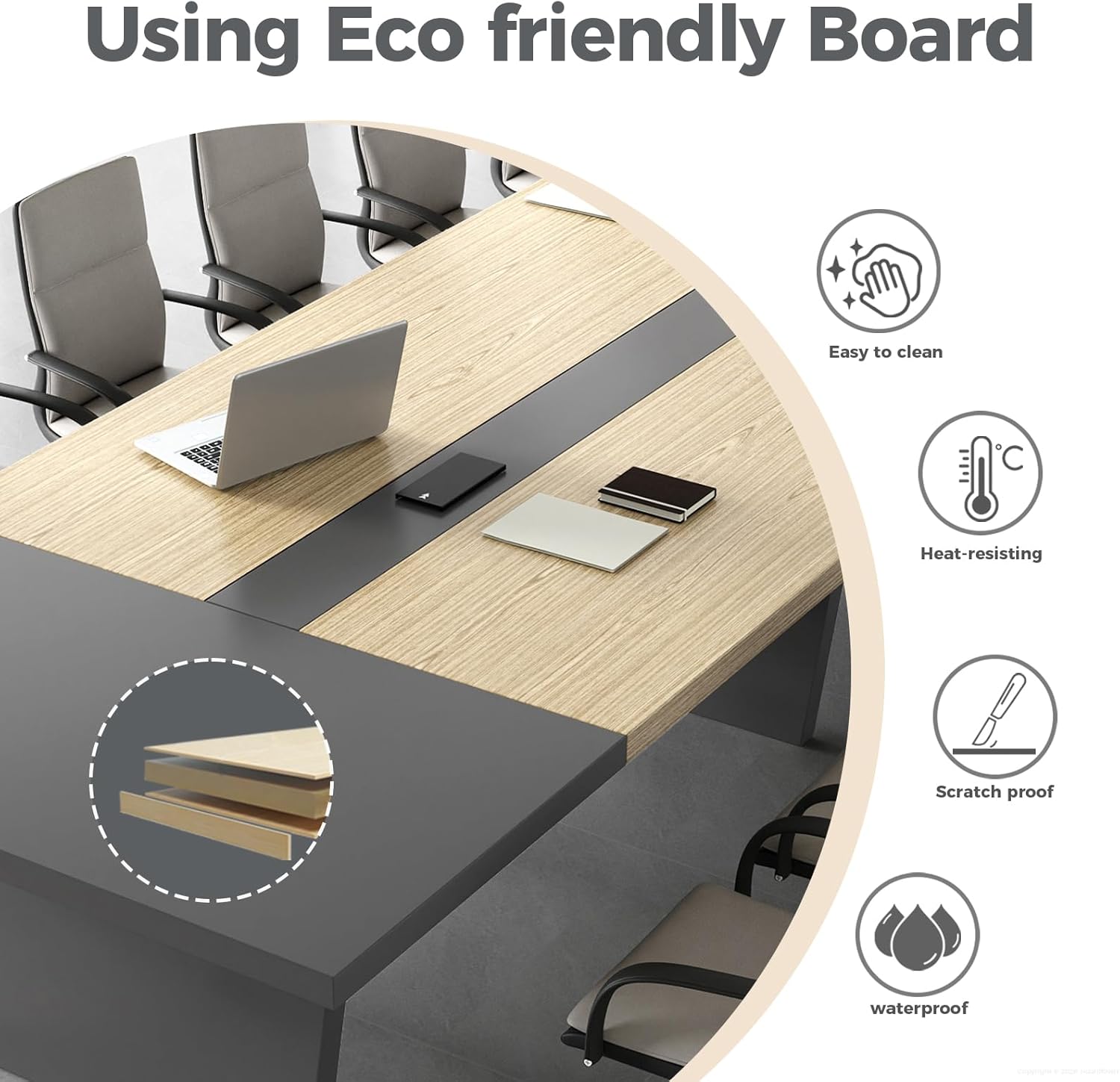 8ft rectangular conference table in oak and gray with thick tabletop and built-in power outlets for boardroom — view 3