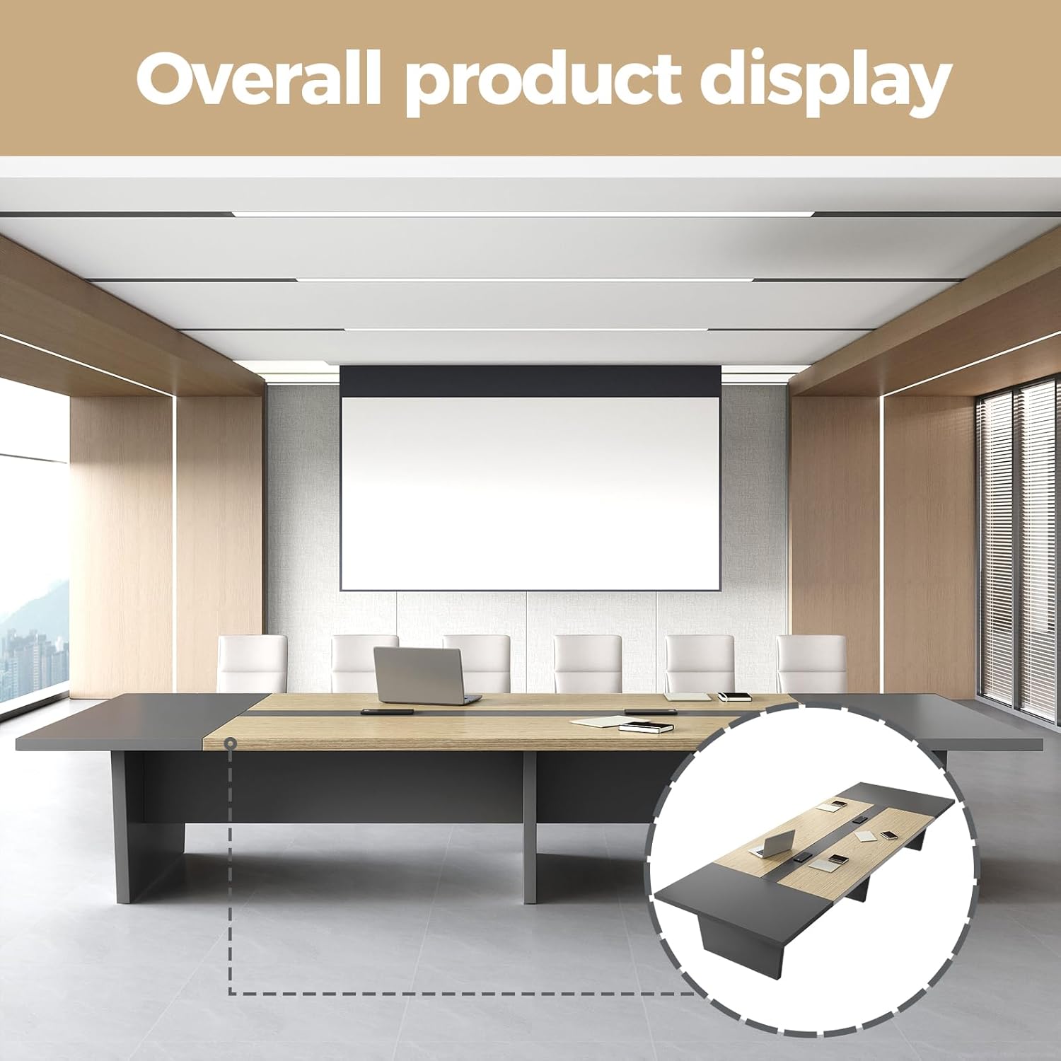 8ft rectangular conference table in oak and gray with thick tabletop and built-in power outlets for boardroom — view 4