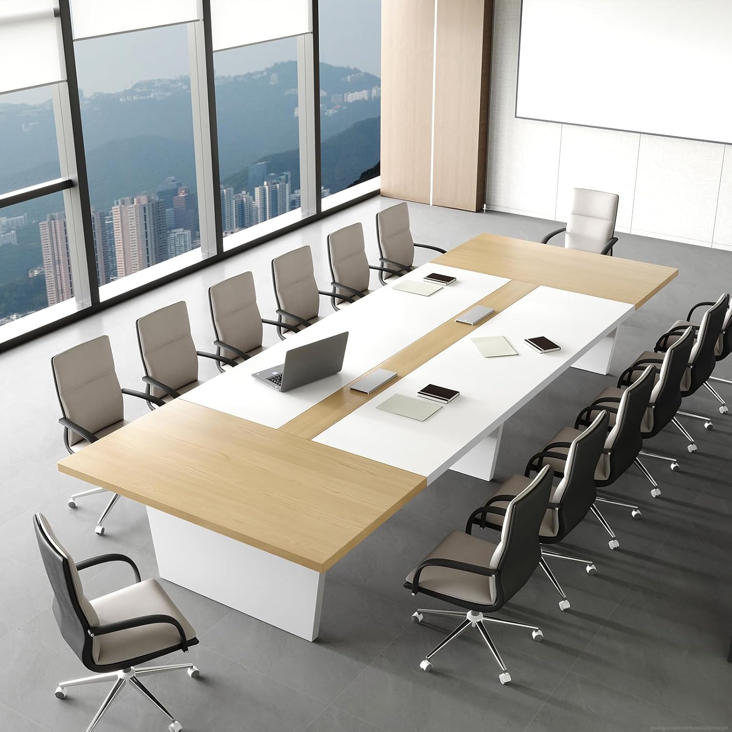 8ft rectangular conference table in oak and gray with thick tabletop and built-in power outlets for boardroom — view 5