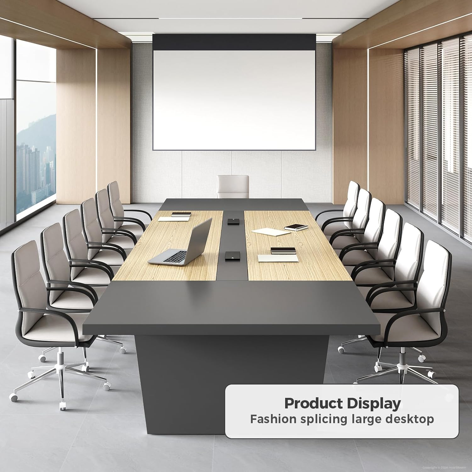 8ft rectangular conference table in oak and gray with thick tabletop and built-in power outlets for boardroom — view 3a