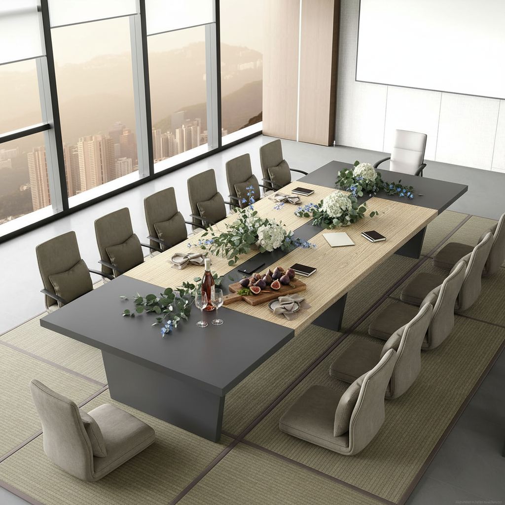 8ft rectangular conference table in oak and gray with thick tabletop and built-in power outlets for boardroom — view 4