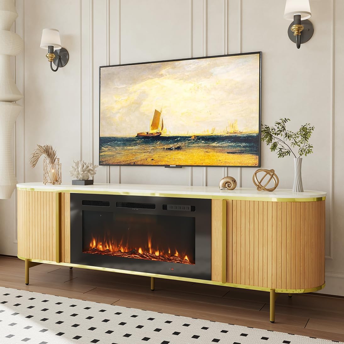[Color] fluted [form factor] TV stand with fireplace feature and storage compartments, [material] construction, [dimensions] — view 1