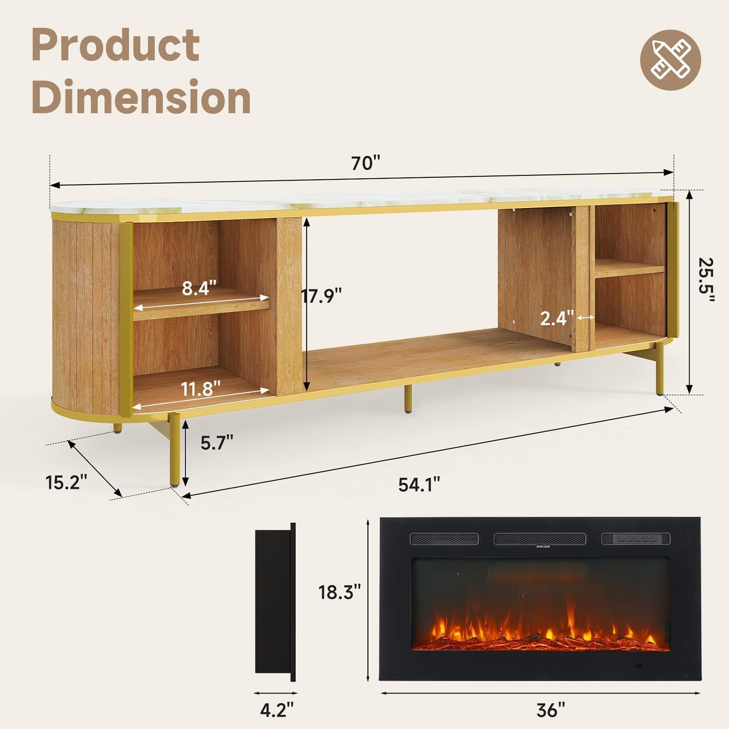 [Color] fluted [form factor] TV stand with fireplace feature and storage compartments, [material] construction, [dimensions] — view 2