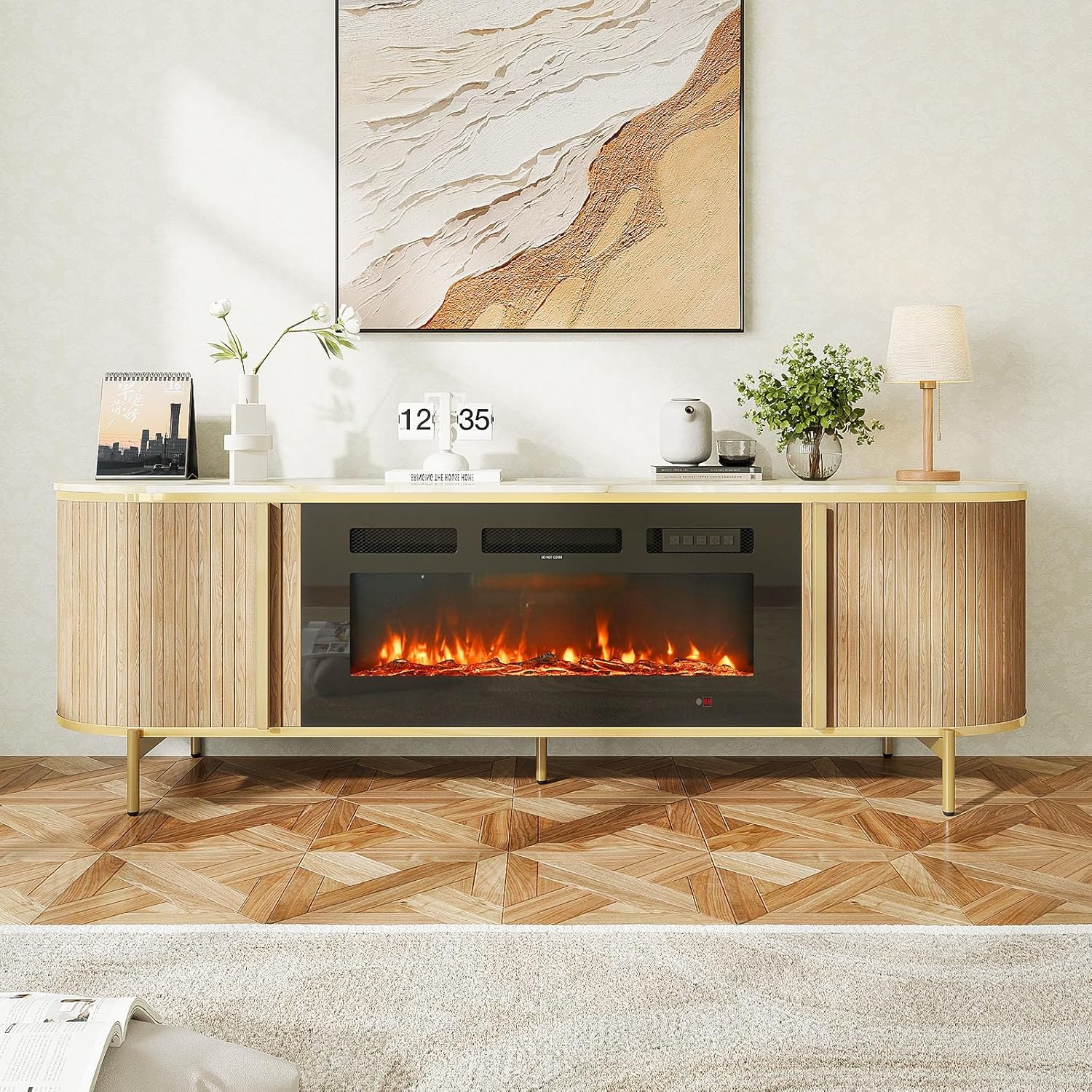 [Color] fluted [form factor] TV stand with fireplace feature and storage compartments, [material] construction, [dimensions] — view 4