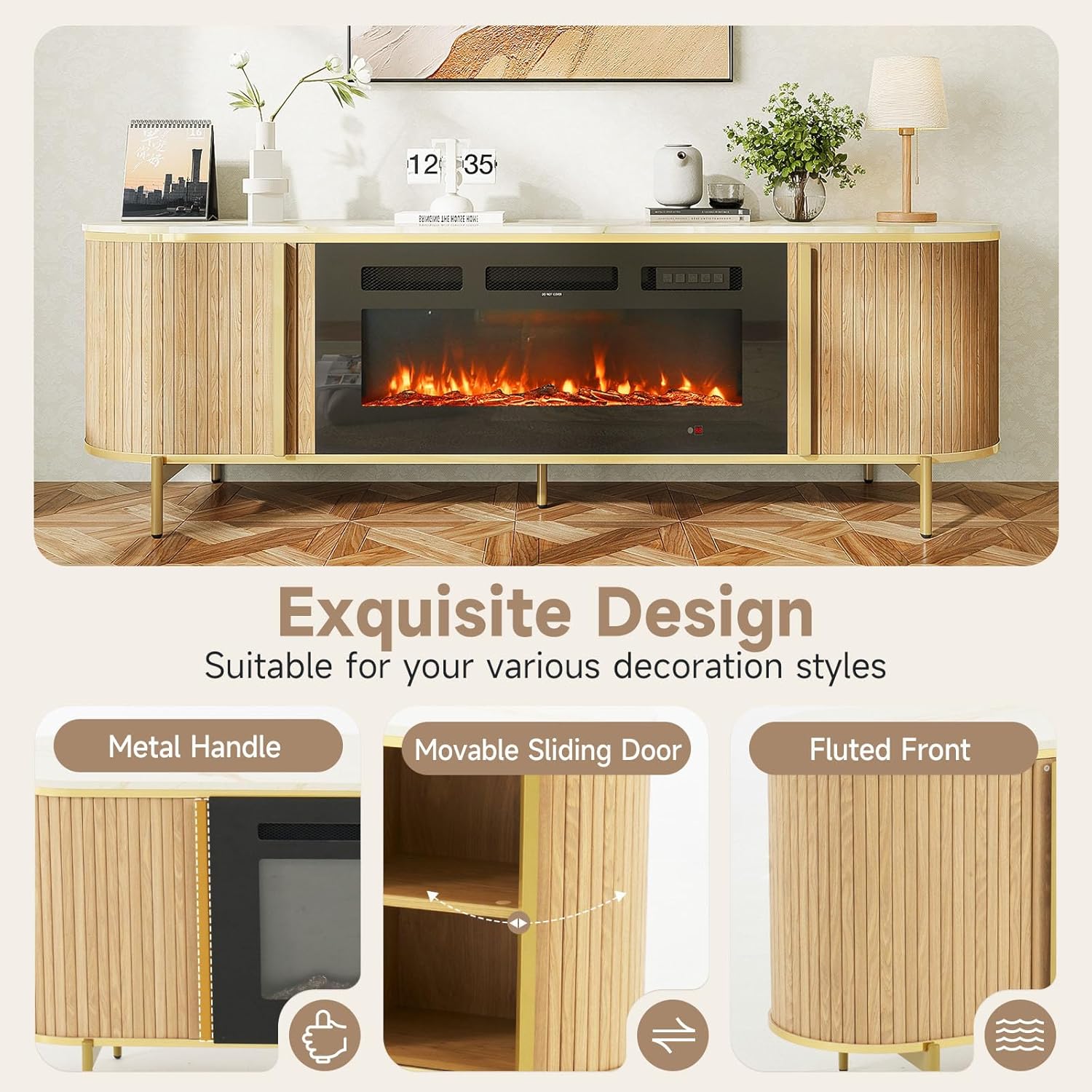 [Color] fluted [form factor] TV stand with fireplace feature and storage compartments, [material] construction, [dimensions] — view 3