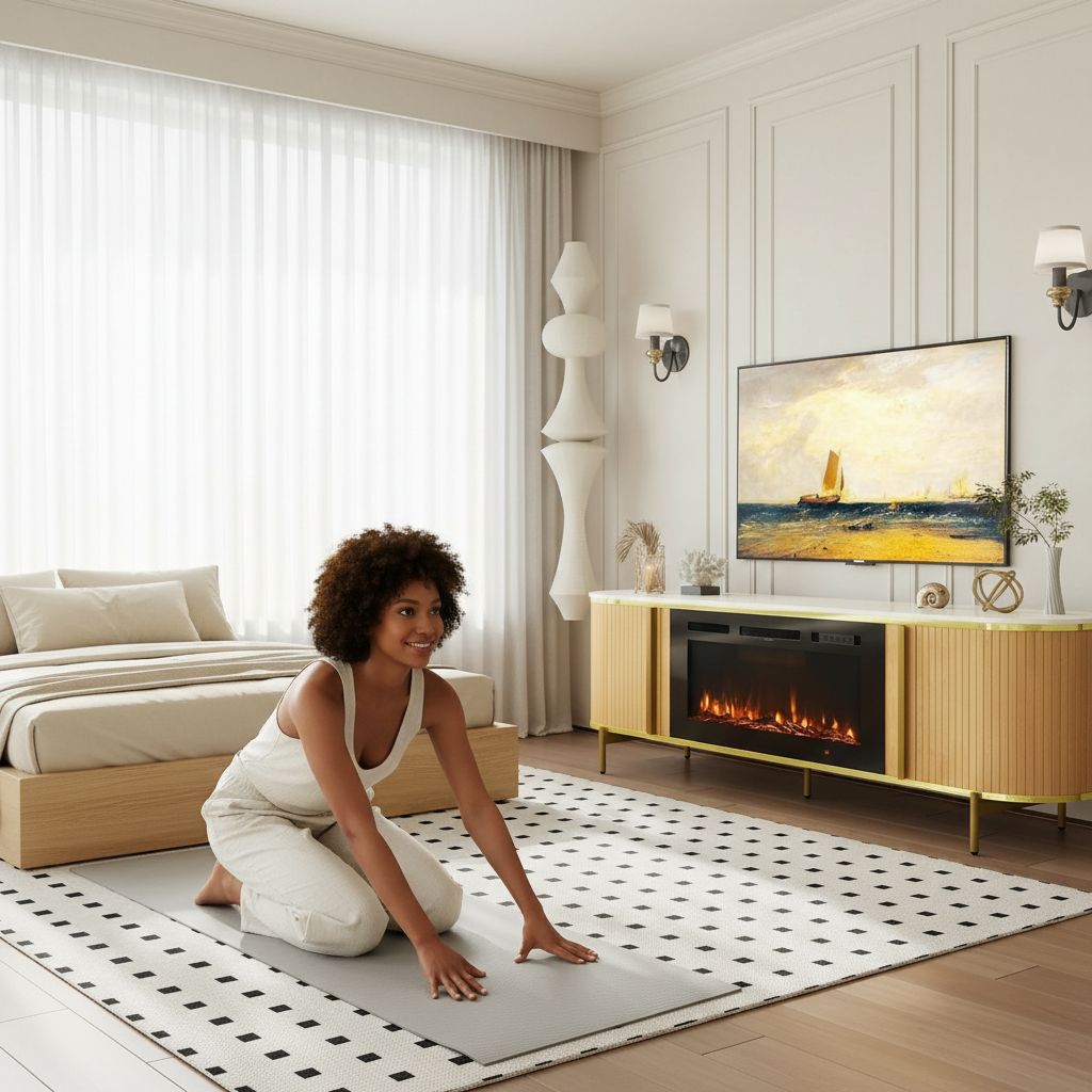 [Color] fluted [form factor] TV stand with fireplace feature and storage compartments, [material] construction, [dimensions] — view 3b