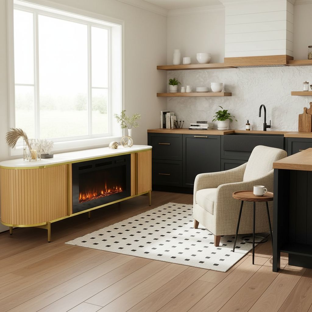 [Color] fluted [form factor] TV stand with fireplace feature and storage compartments, [material] construction, [dimensions] — view 5b