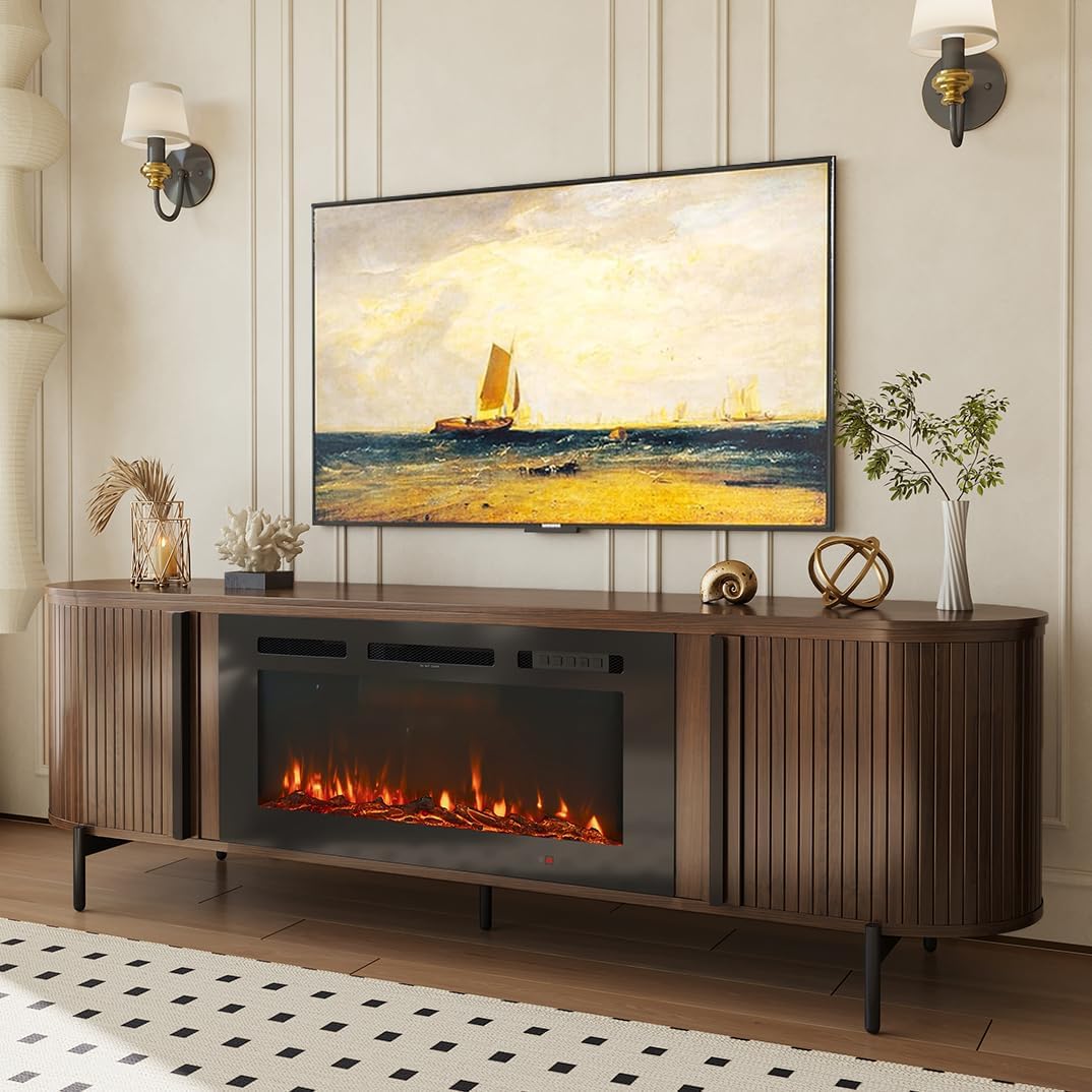 [Color] fluted [form factor] TV stand with fireplace feature and storage compartments, [material] construction, [dimensions] — view 7