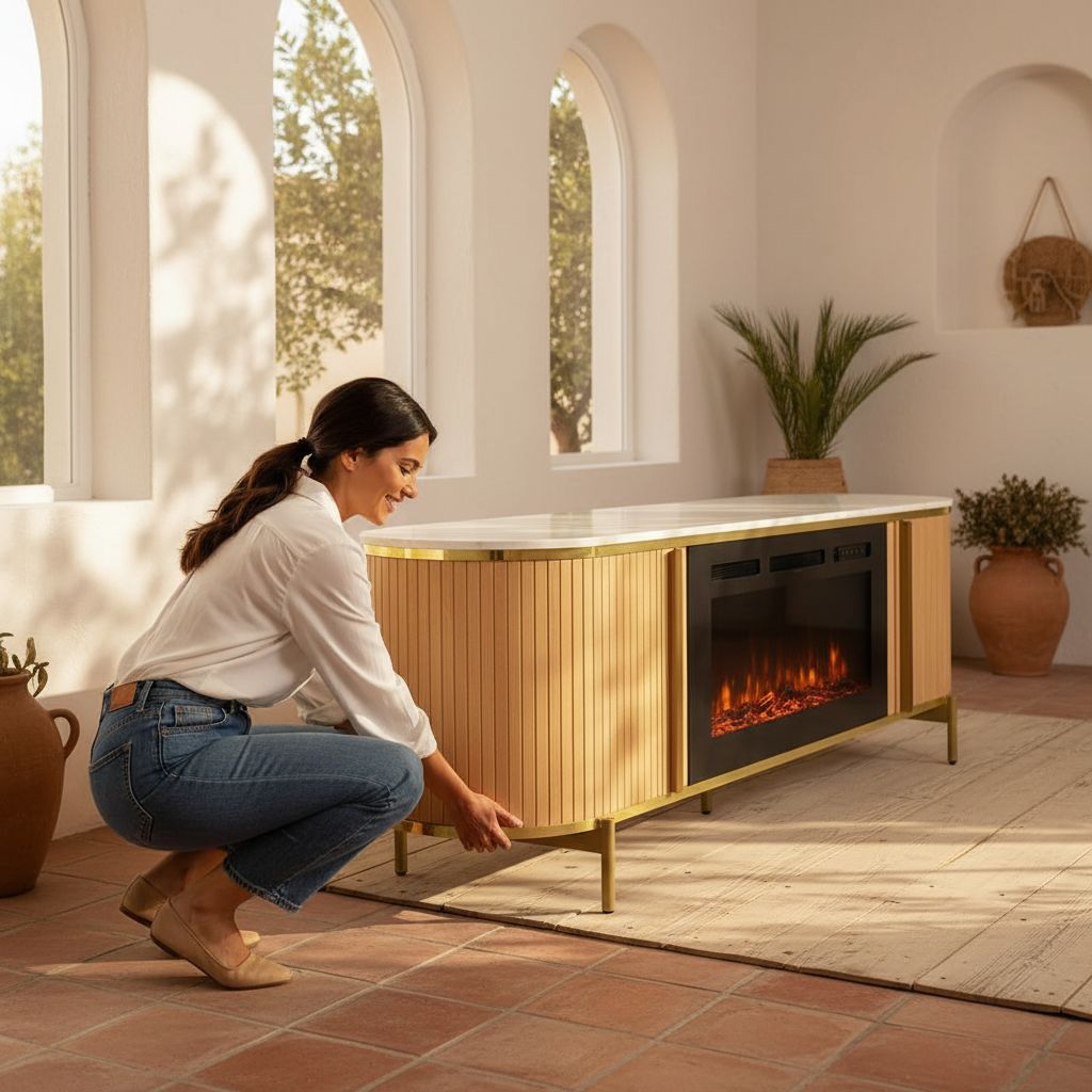 [Color] fluted [form factor] TV stand with fireplace feature and storage compartments, [material] construction, [dimensions] — view 2