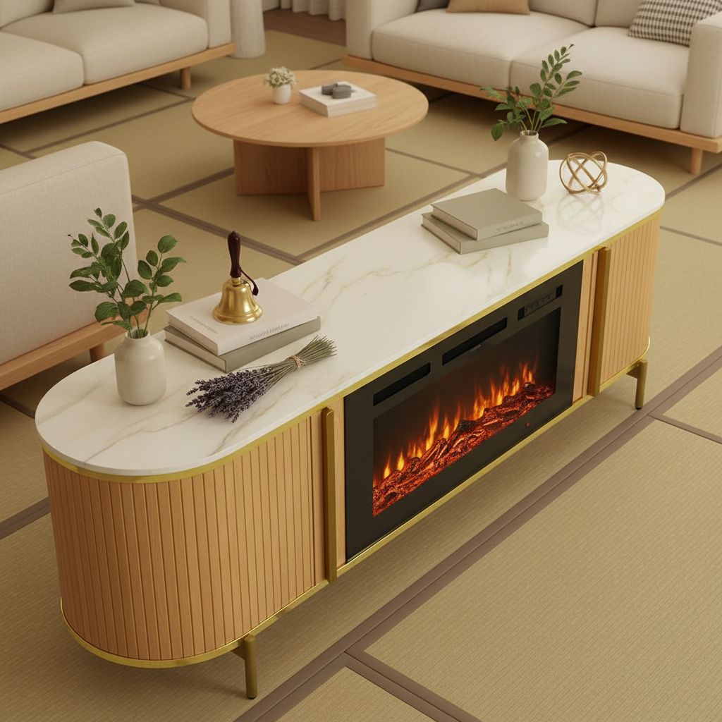 [Color] fluted [form factor] TV stand with fireplace feature and storage compartments, [material] construction, [dimensions] — view 3a