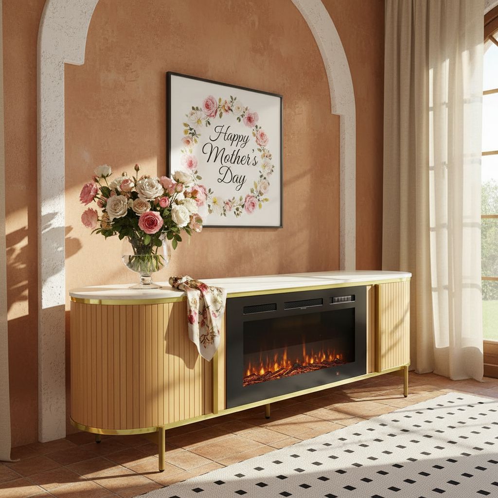 [Color] fluted [form factor] TV stand with fireplace feature and storage compartments, [material] construction, [dimensions] — view 4