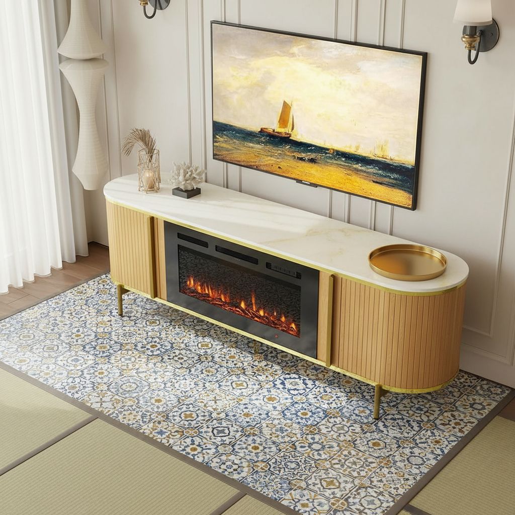 [Color] fluted [form factor] TV stand with fireplace feature and storage compartments, [material] construction, [dimensions] — view 5a
