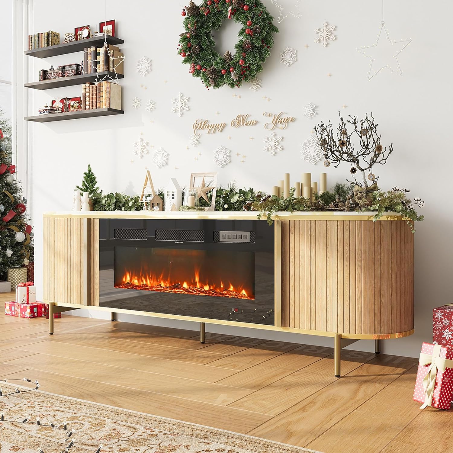 [Color] fluted [form factor] TV stand with fireplace feature and storage compartments, [material] construction, [dimensions] — hero view 2