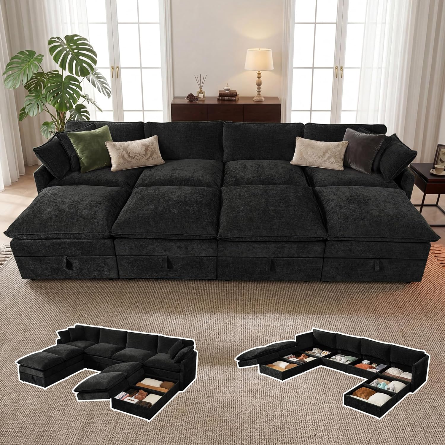 Black chenille modular sleeper sectional sofa with oversized seating and attached storage ottoman — view 1