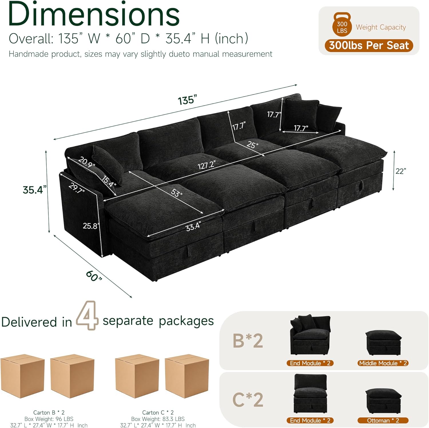 Black chenille modular sleeper sectional sofa with oversized seating and attached storage ottoman — view 2