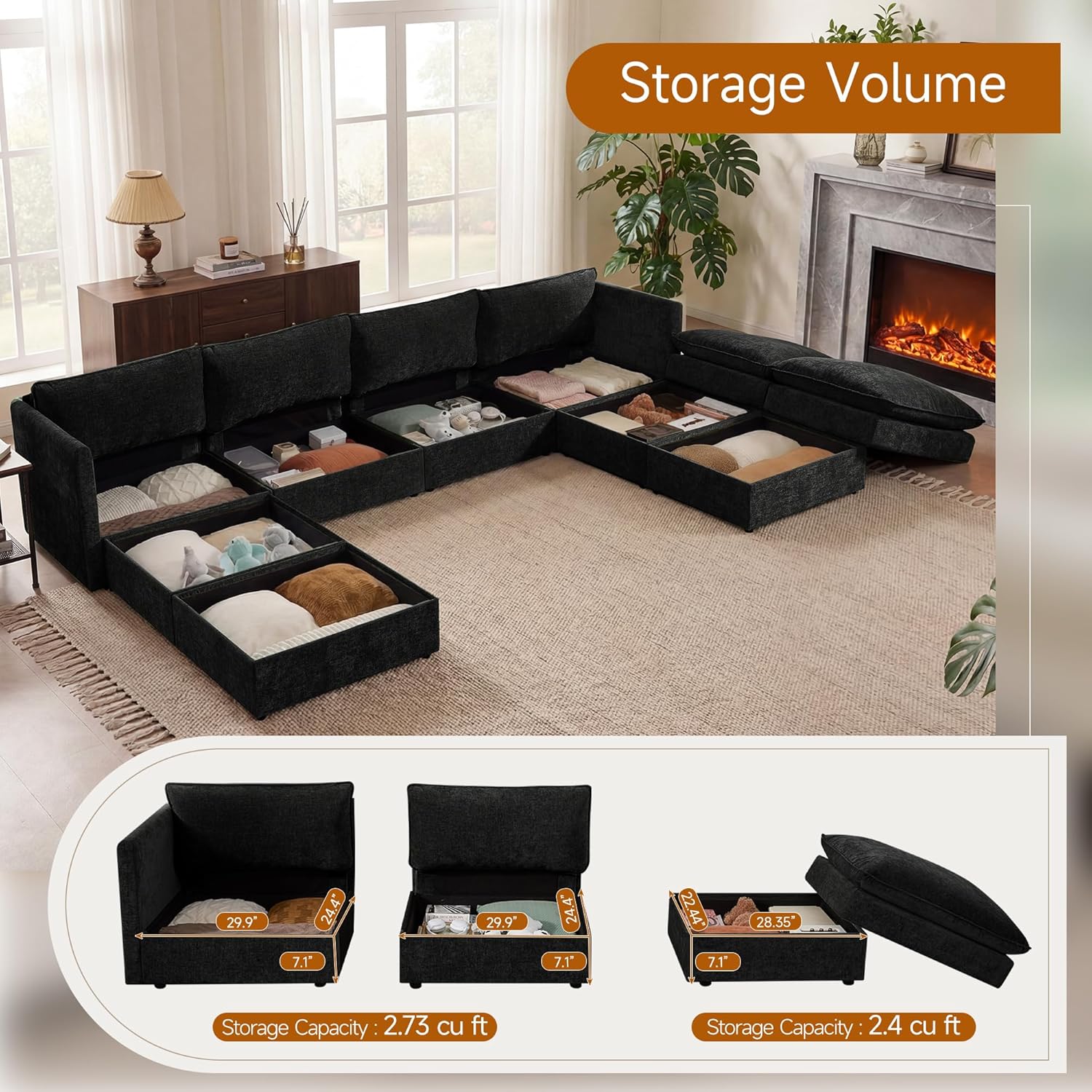 Black chenille modular sleeper sectional sofa with oversized seating and attached storage ottoman — view 3