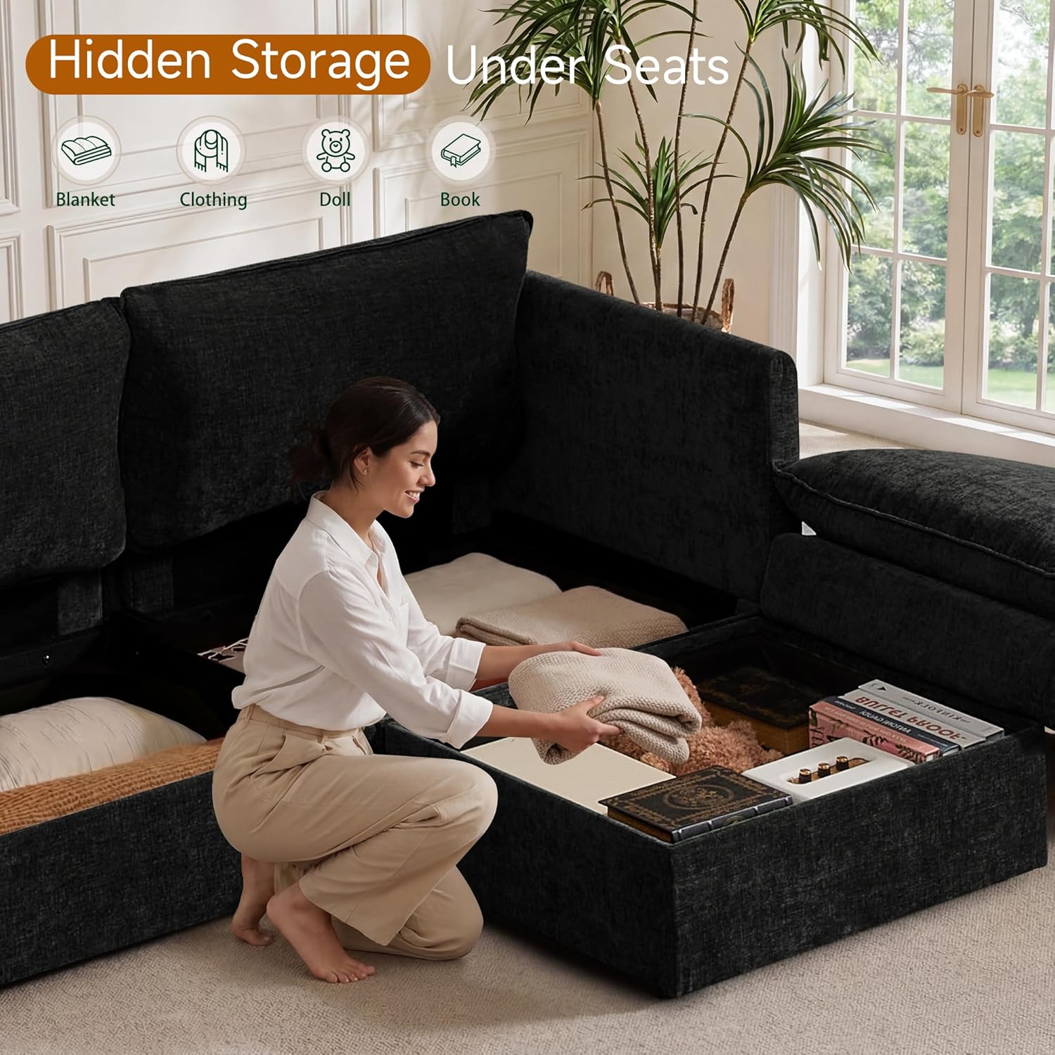 Black chenille modular sleeper sectional sofa with oversized seating and attached storage ottoman — view 4