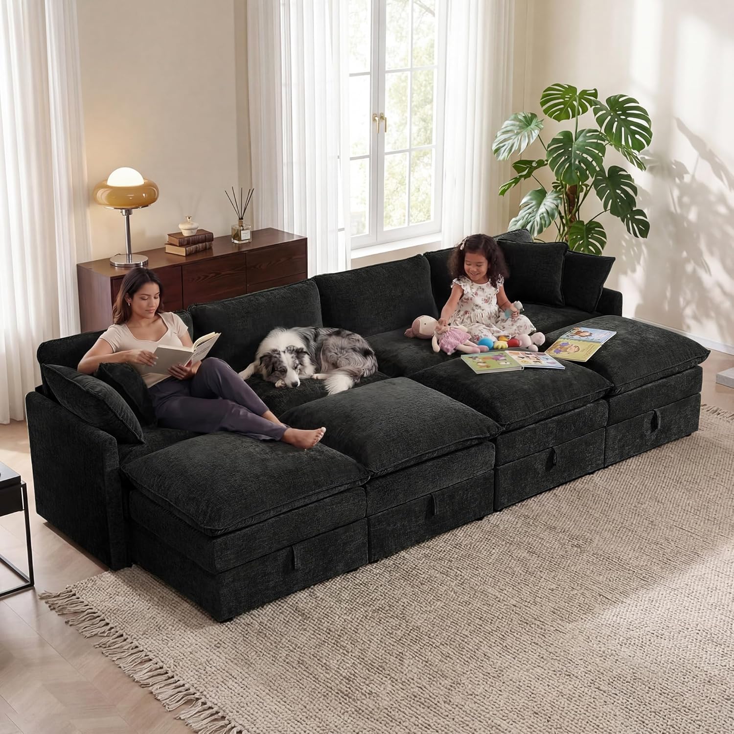 Black chenille modular sleeper sectional sofa with oversized seating and attached storage ottoman — view 2