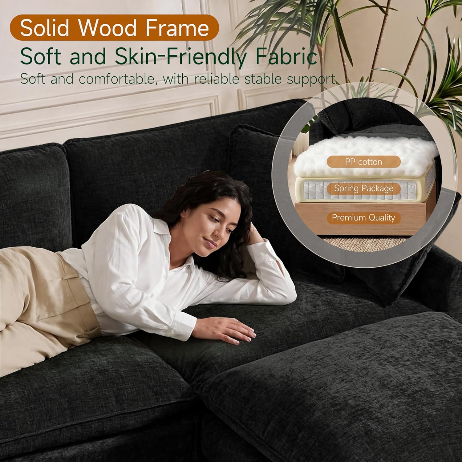 Black chenille modular sleeper sectional sofa with oversized seating and attached storage ottoman — view 3