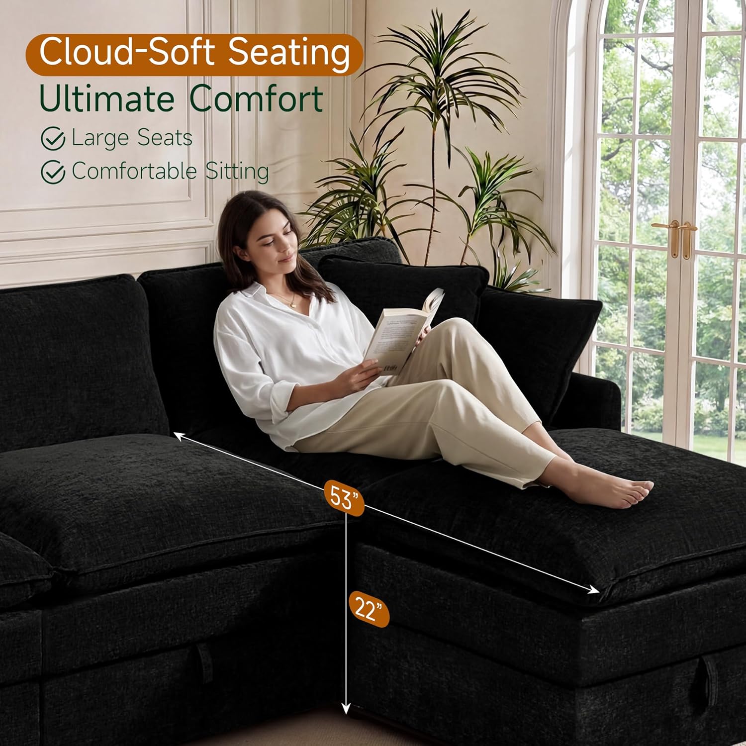 Black chenille modular sleeper sectional sofa with oversized seating and attached storage ottoman — view 4