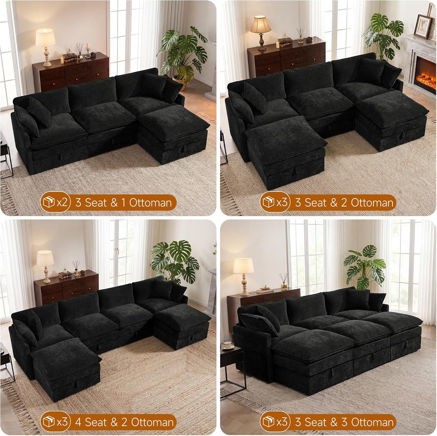 Black chenille modular sleeper sectional sofa with oversized seating and attached storage ottoman — view 5