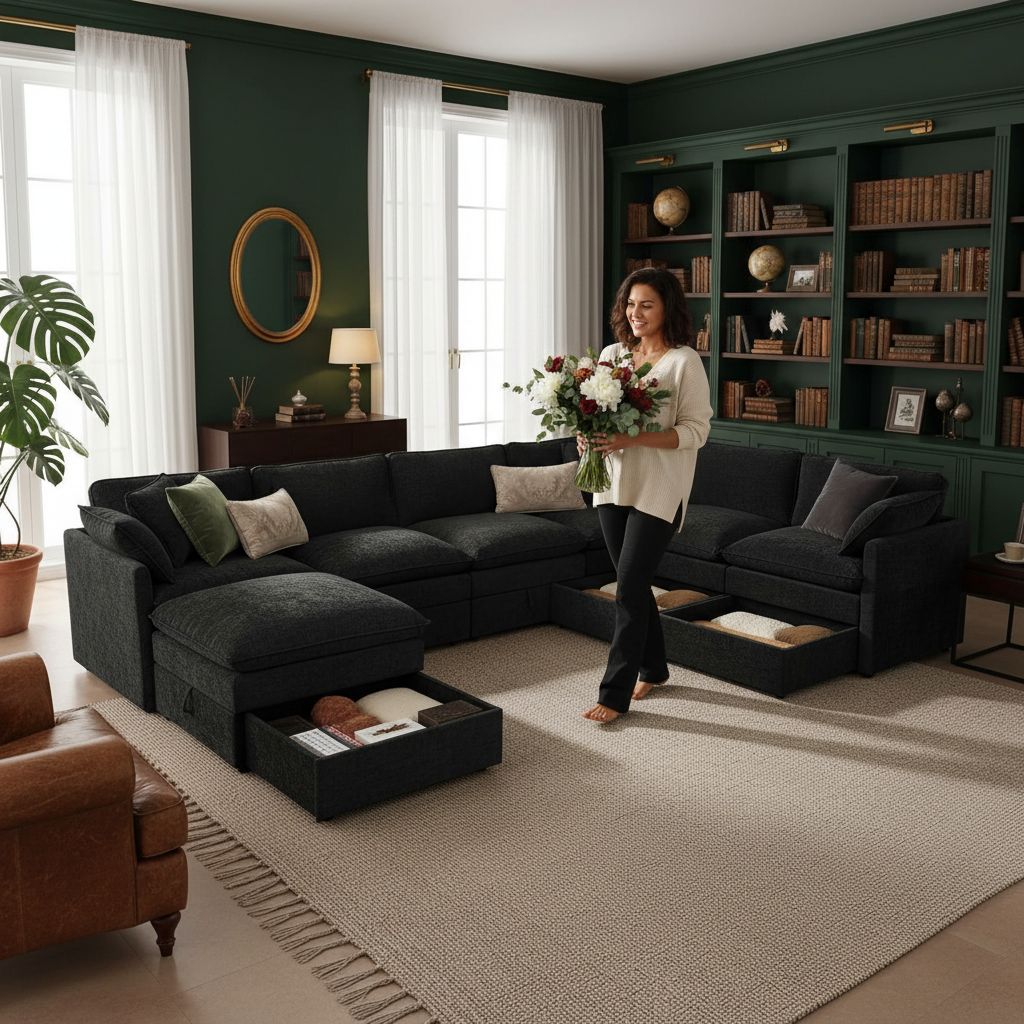 Black chenille modular sleeper sectional sofa with oversized seating and attached storage ottoman — view 3b