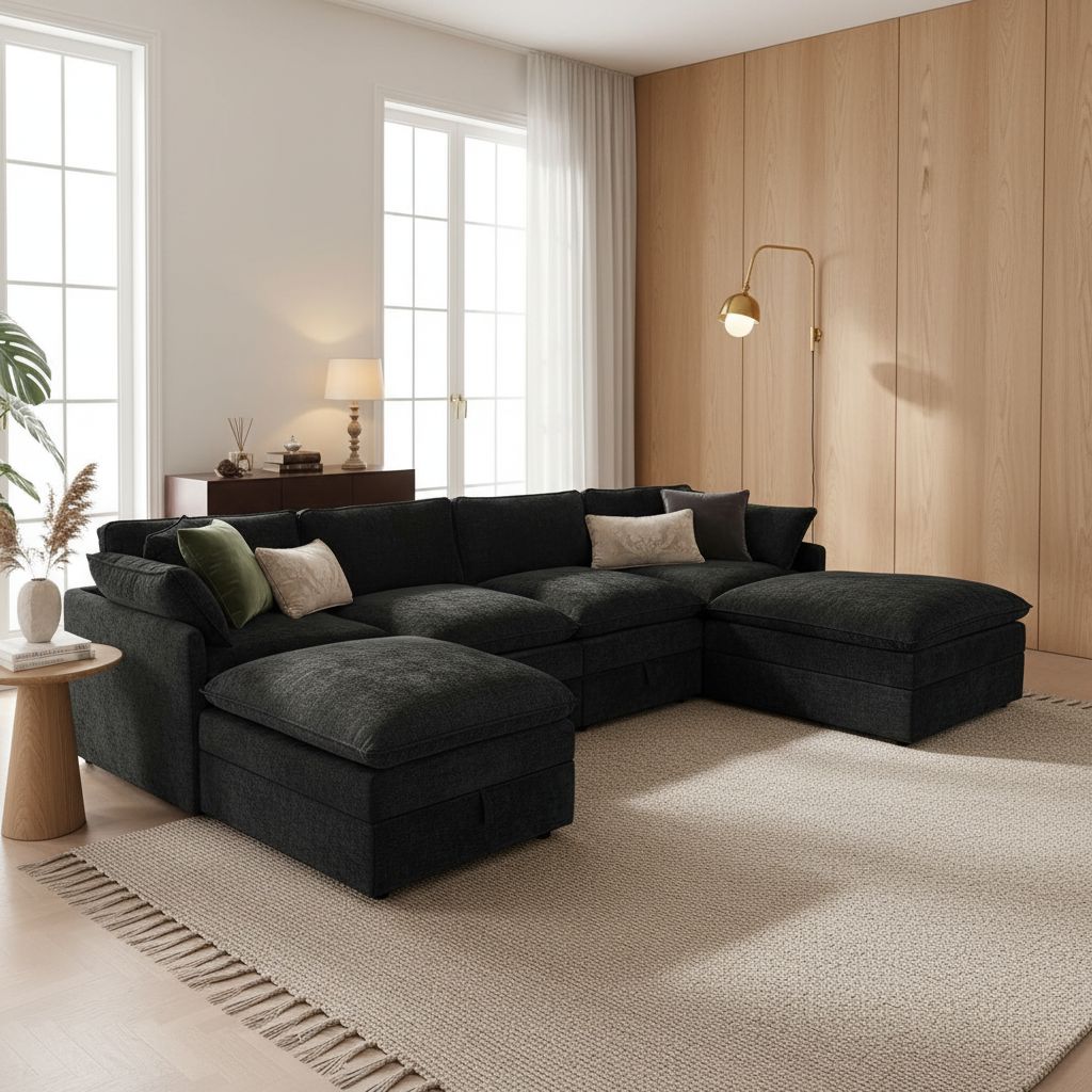 Black chenille modular sleeper sectional sofa with oversized seating and attached storage ottoman — view 5b