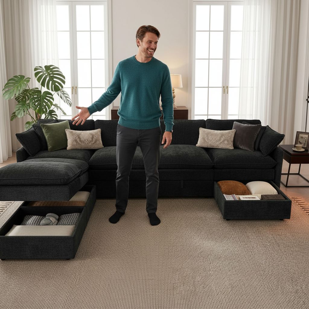 Black chenille modular sleeper sectional sofa with oversized seating and attached storage ottoman — view 2