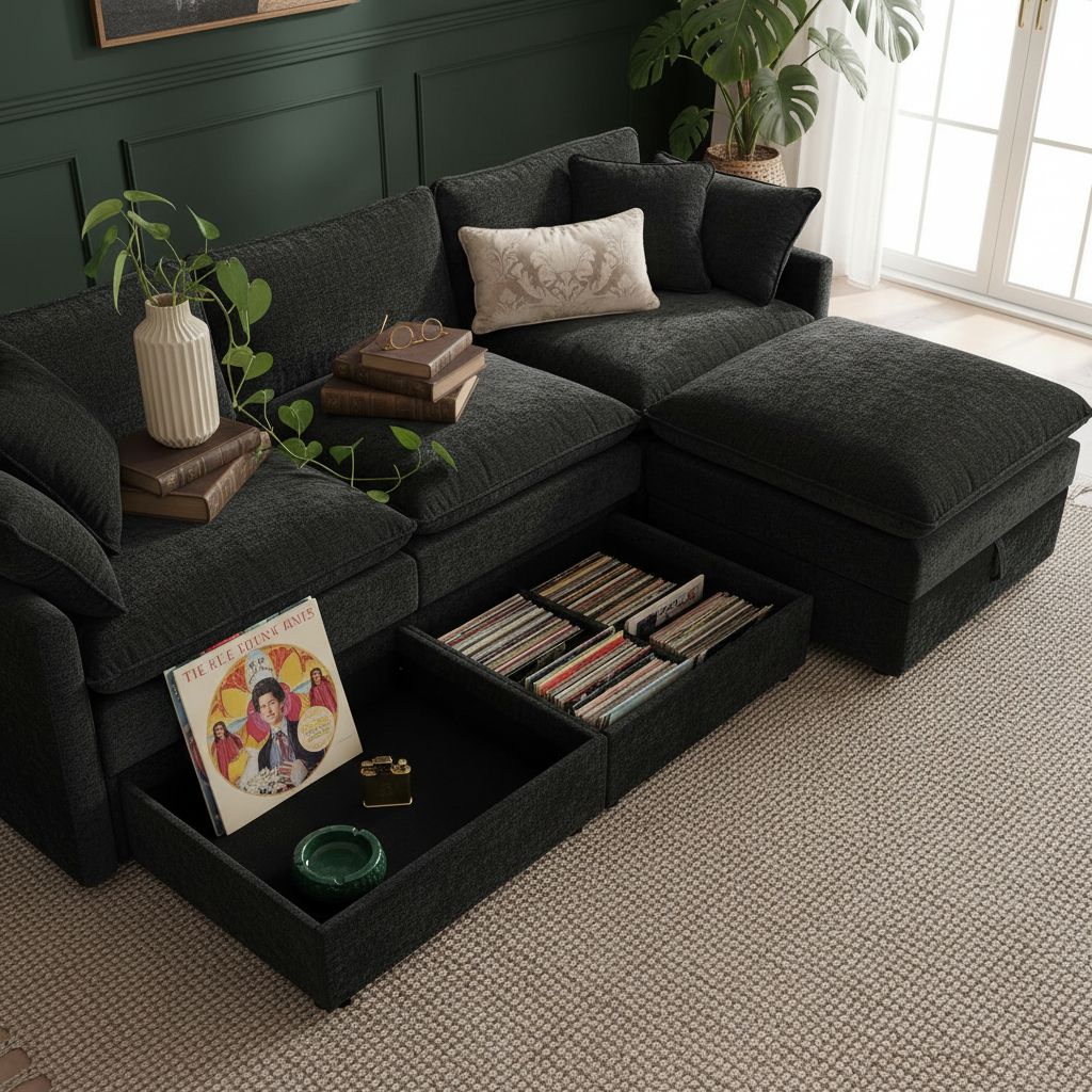Black chenille modular sleeper sectional sofa with oversized seating and attached storage ottoman — view 3a