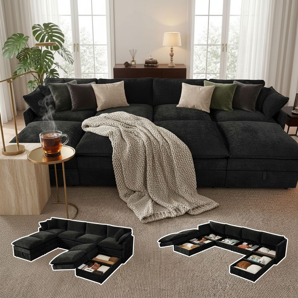 Black chenille modular sleeper sectional sofa with oversized seating and attached storage ottoman — view 4