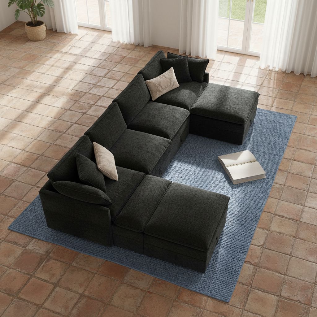 Black chenille modular sleeper sectional sofa with oversized seating and attached storage ottoman — view 5a