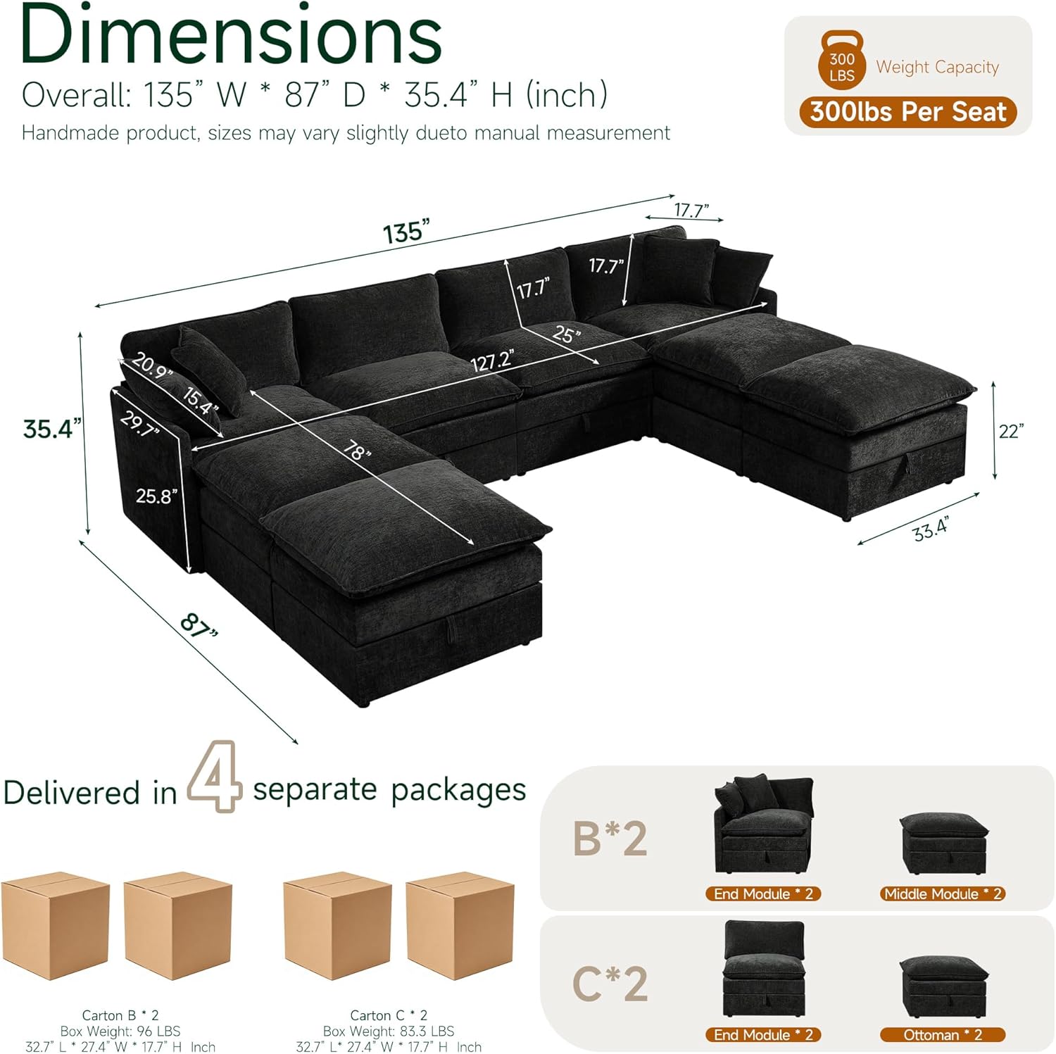 Black chenille modular sleeper sectional sofa with oversized seating and attached storage ottoman — view 6