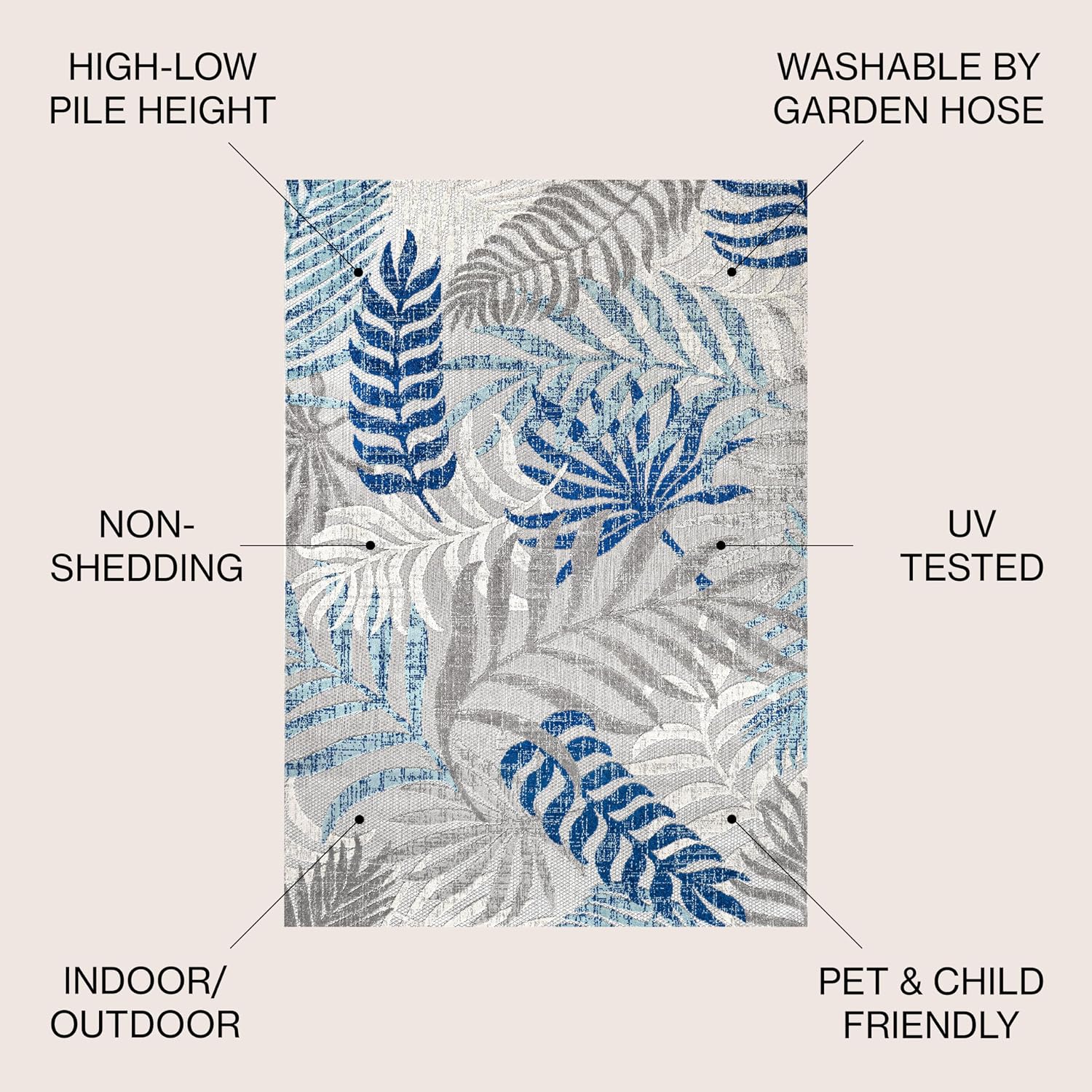 8x10 boho palm leaf area rug in sage blue and gray, indoor-outdoor synthetic fibers for patio and living room — side
