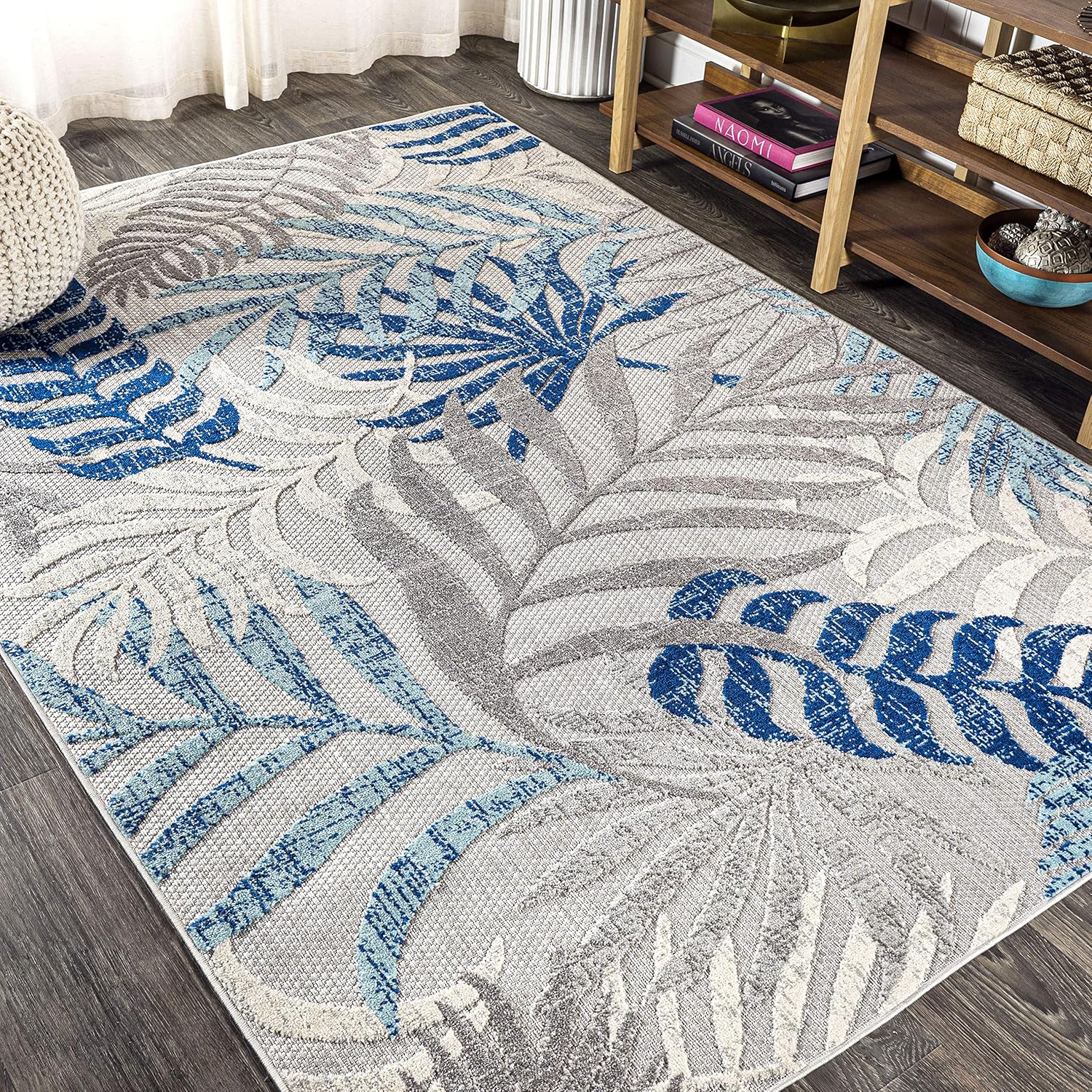 8x10 boho palm leaf area rug in sage blue and gray, indoor-outdoor synthetic fibers for patio and living room — view 2