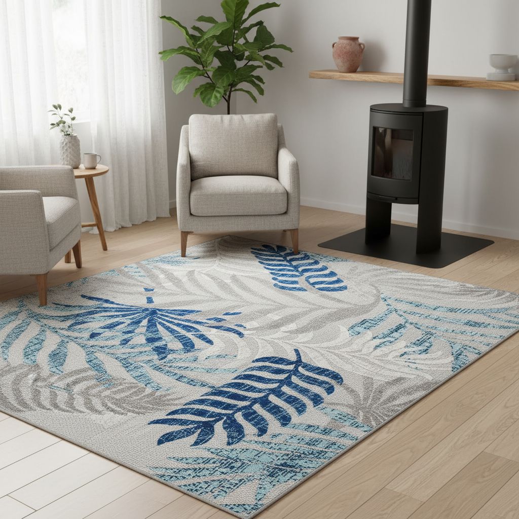 8x10 boho palm leaf area rug in sage blue and gray, indoor-outdoor synthetic fibers for patio and living room — view 5b