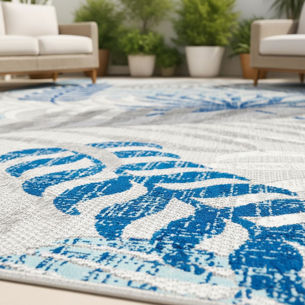 8x10 boho palm leaf area rug in sage blue and gray, indoor-outdoor synthetic fibers for patio and living room — view 7