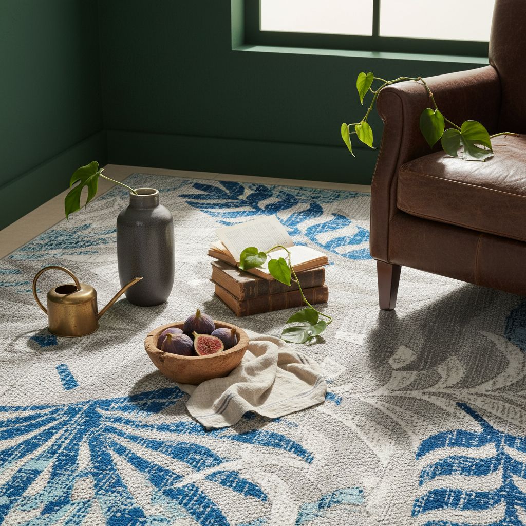 8x10 boho palm leaf area rug in sage blue and gray, indoor-outdoor synthetic fibers for patio and living room — view 3a