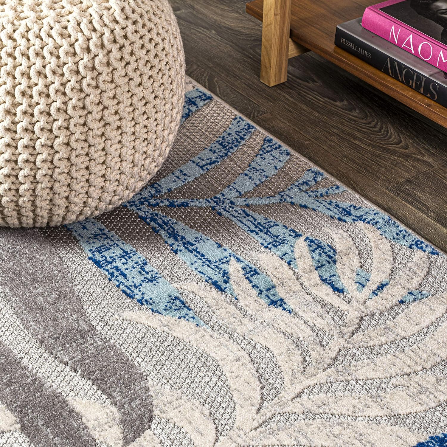8x10 boho palm leaf area rug in sage blue and gray, indoor-outdoor synthetic fibers for patio and living room — view 4
