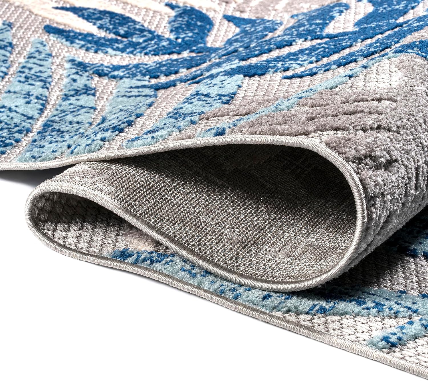 8x10 boho palm leaf area rug in sage blue and gray, indoor-outdoor synthetic fibers for patio and living room — view 5a