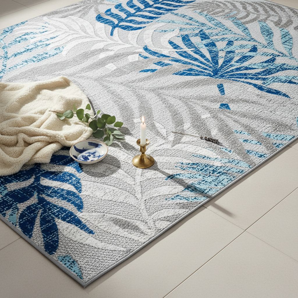 8x10 boho palm leaf area rug in sage blue and gray, indoor-outdoor synthetic fibers for patio and living room — hero view 2
