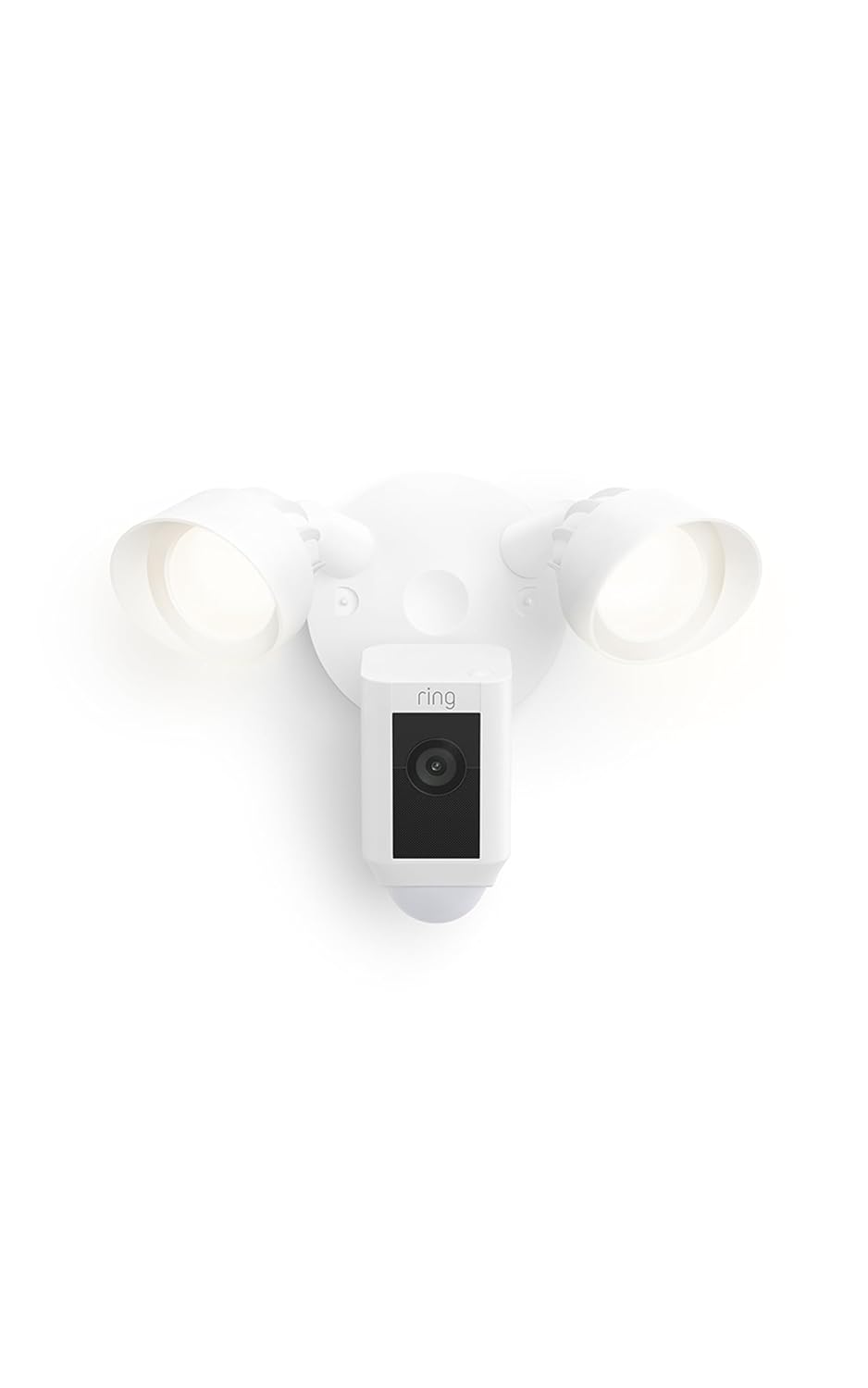 White plastic outdoor floodlight camera with LED lights and glass lens mounted on entryway — view 2