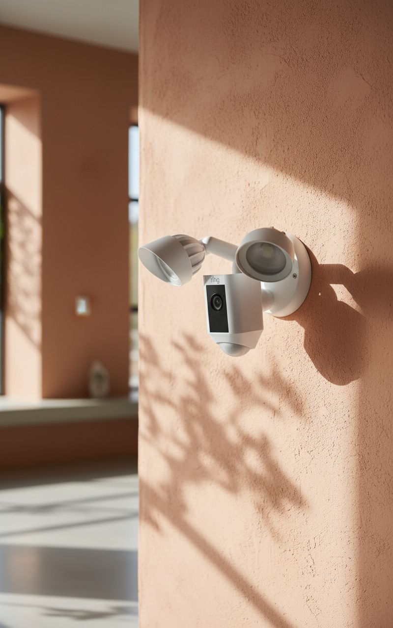 White plastic outdoor floodlight camera with LED lights and glass lens mounted on entryway — hero view 1