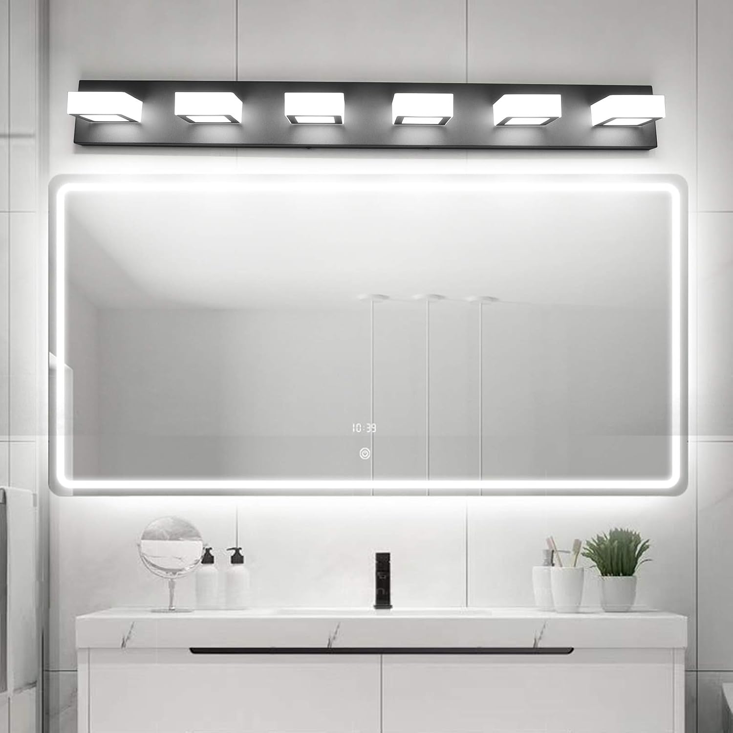 Six-light matte black acrylic vanity fixture with modern minimalist design — detail